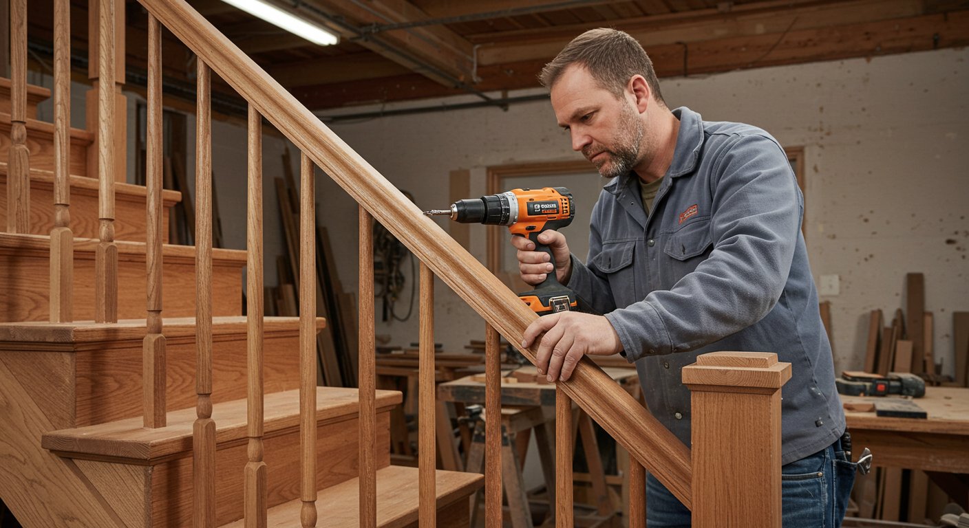 Крепление перил на деревянной лестнице