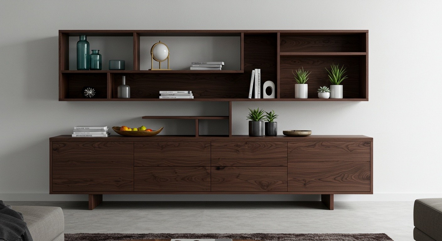 Элегантный стеллаж для гостиной с комбинированными полками Стеллажи для гостиной корпусная мебель