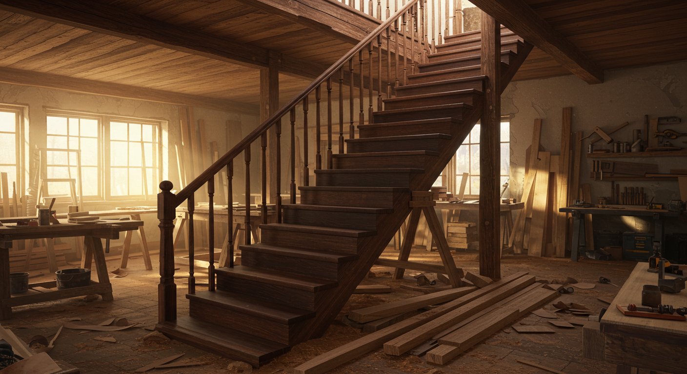 Изготовление деревянной лестницы в мастерской