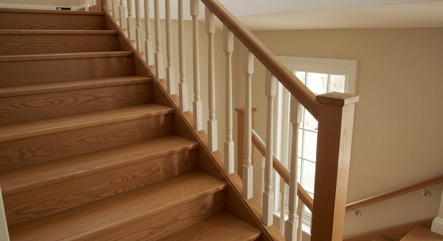 Лестницы с дубовыми ступенями и поручнями из ясеня