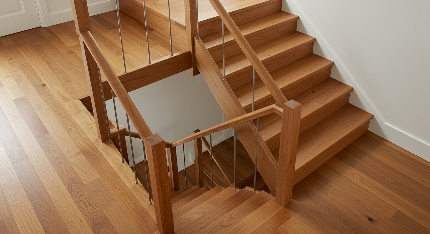 Лестница с дубовыми ступенями и поручнями из ясеня