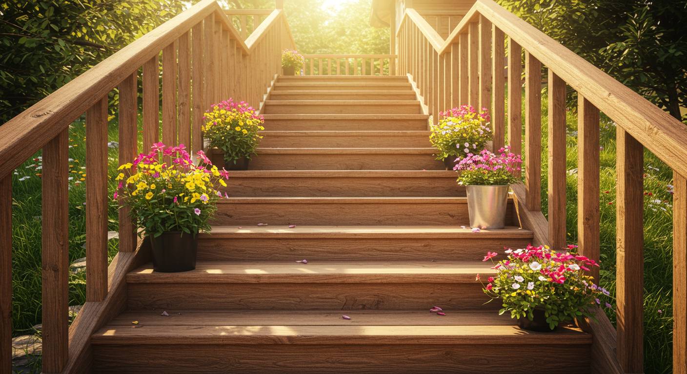 Деревянная лестница на даче с перилами