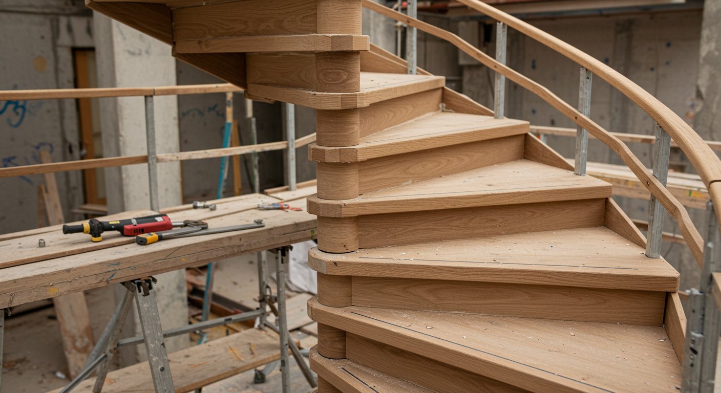 Сборка винтовой лестницы из дерева