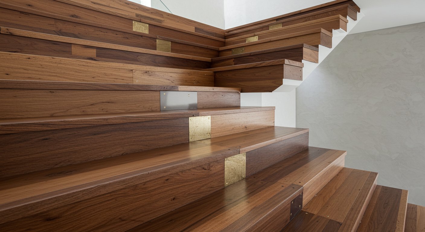 Комбинированная деревянная лестница с металлом и стеклом