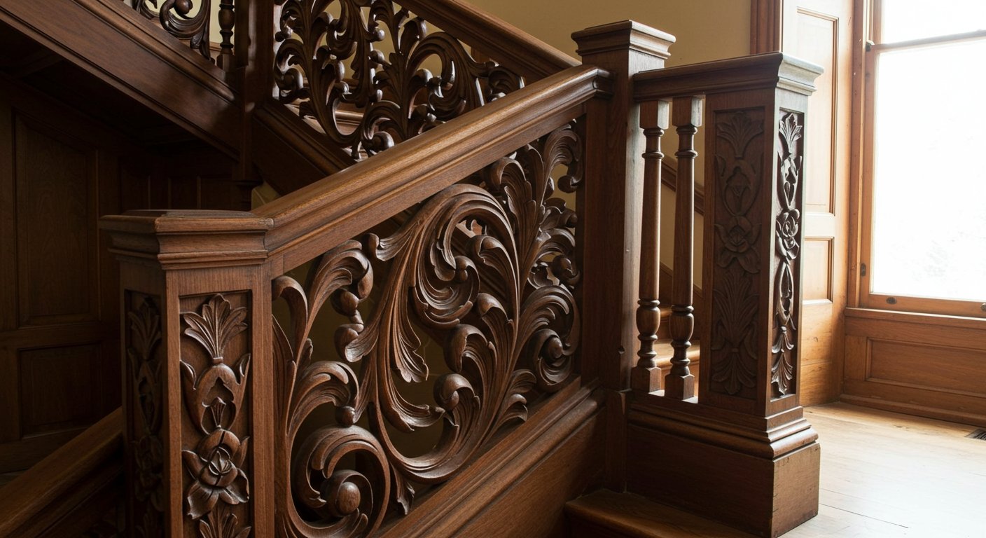 Ручная резьба на перилах лестницы