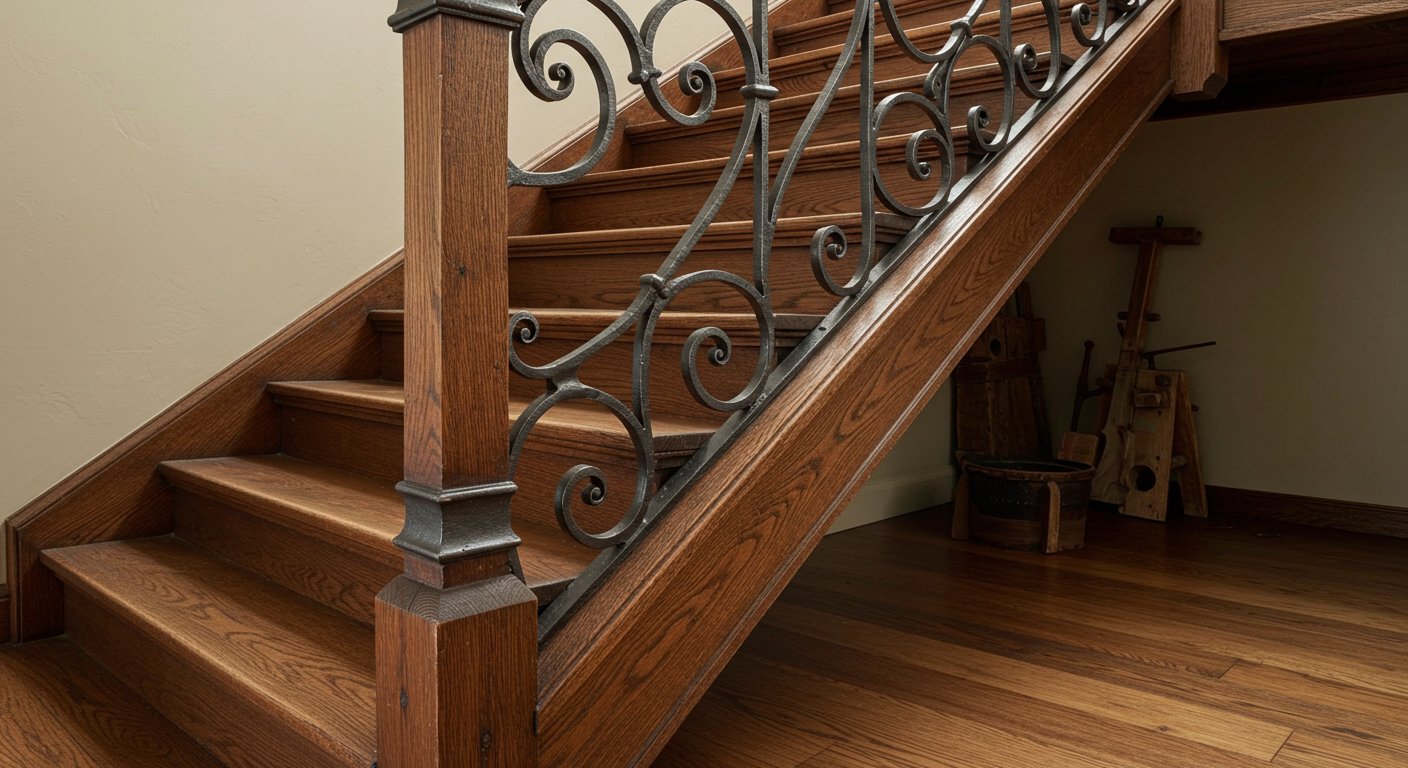 Деревянная лестница с коваными балясинами