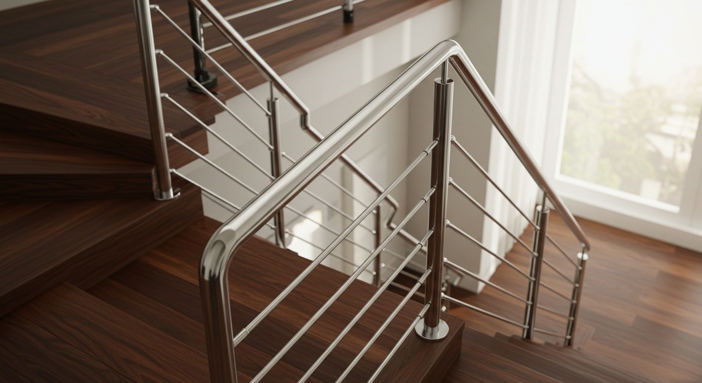 Комбинация хрома и дерева в лестничных конструкциях