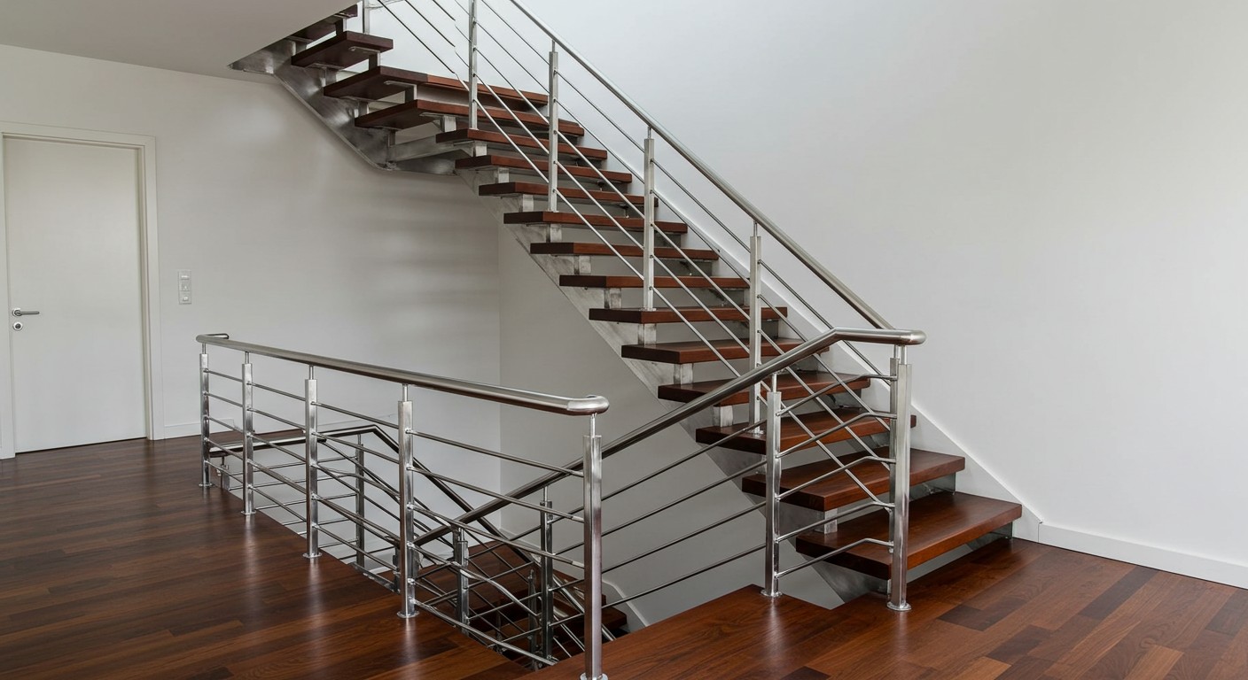 Комбинированная лестница с деревянными и хромированными элементами Лестница из дерева и хрома