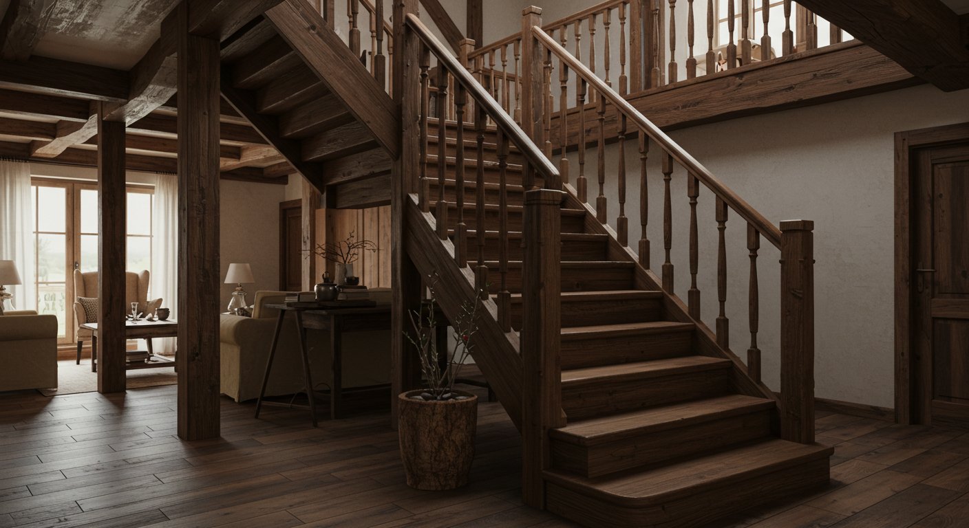 Лестница из ели в загородном доме