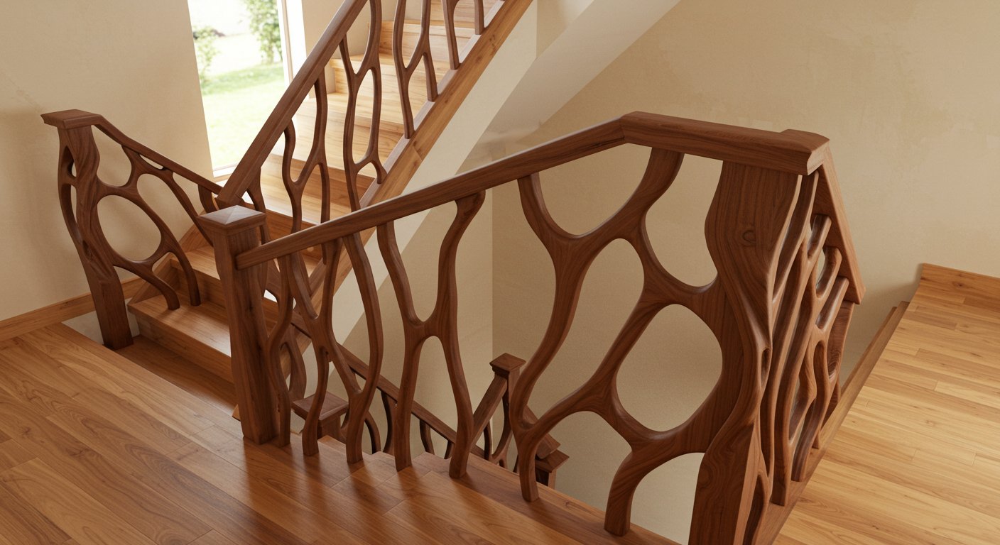 Фигурные деревянные поручни на лестнице
