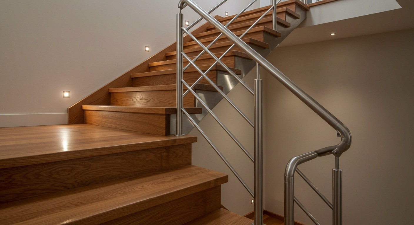 Лестница с металлическим каркасом и деревянными ступенями