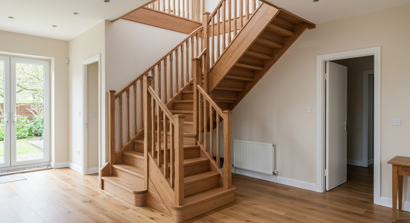 Лестница из массива древесины в интерьере