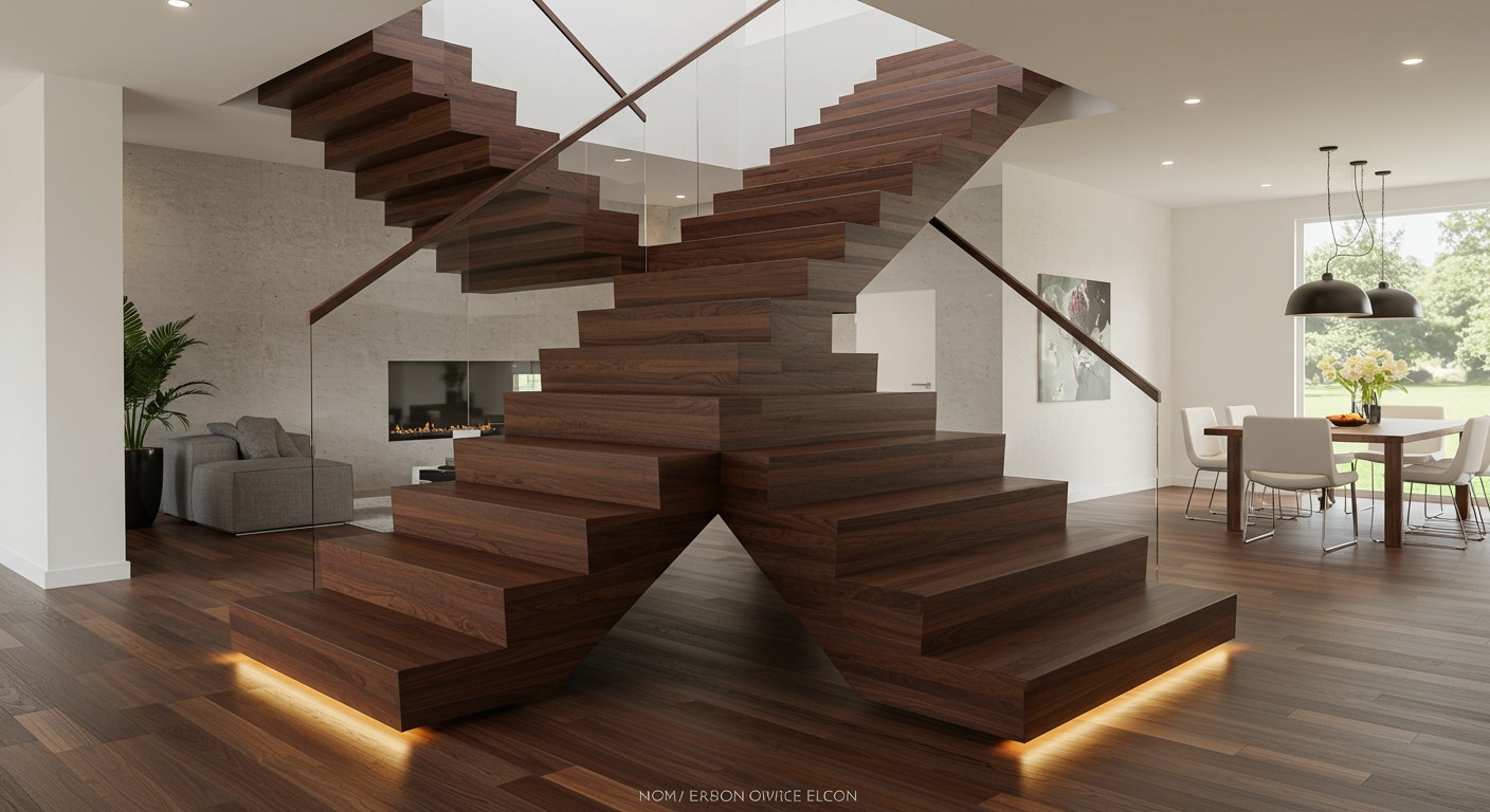 Современная деревянная лестница в интерьере