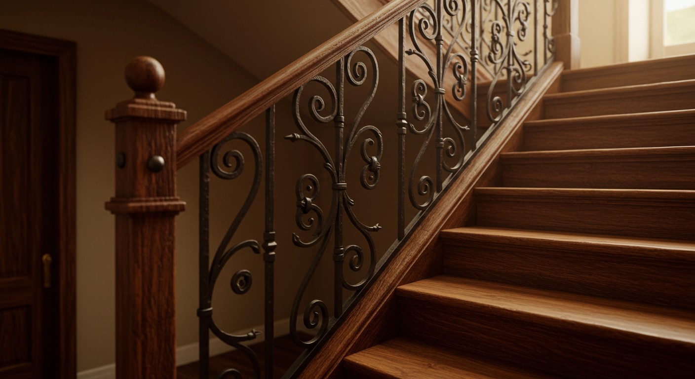 Лестницы с коваными балясинами и деревянными элементами